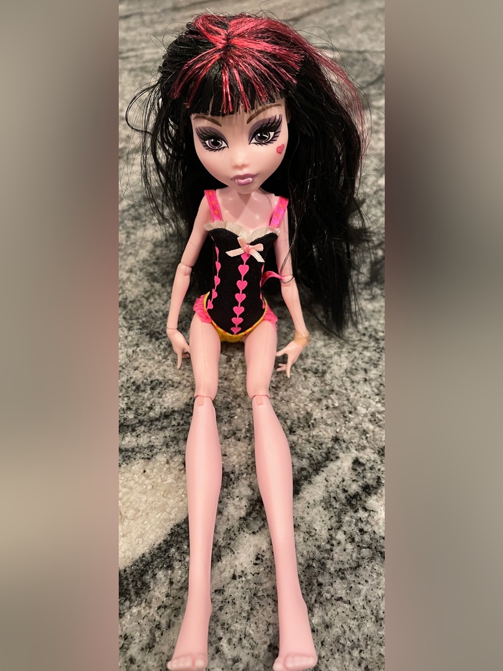 Mattel Black and Hot Pink Doll Swimsuit with Cream Bow